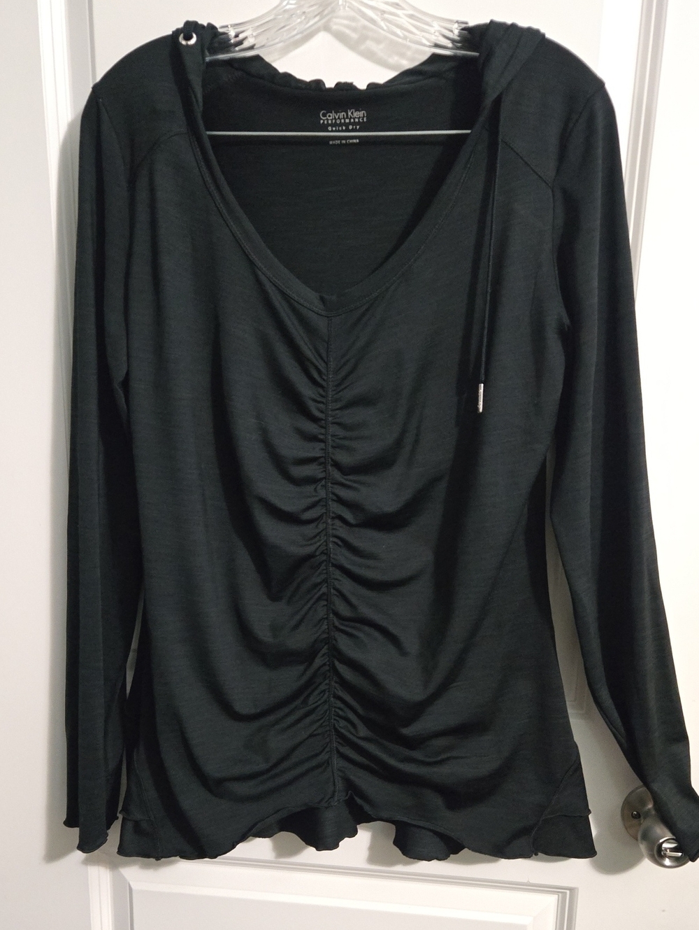 Calvin Klein Black Hooded Ruched Front Long Sleeve Top